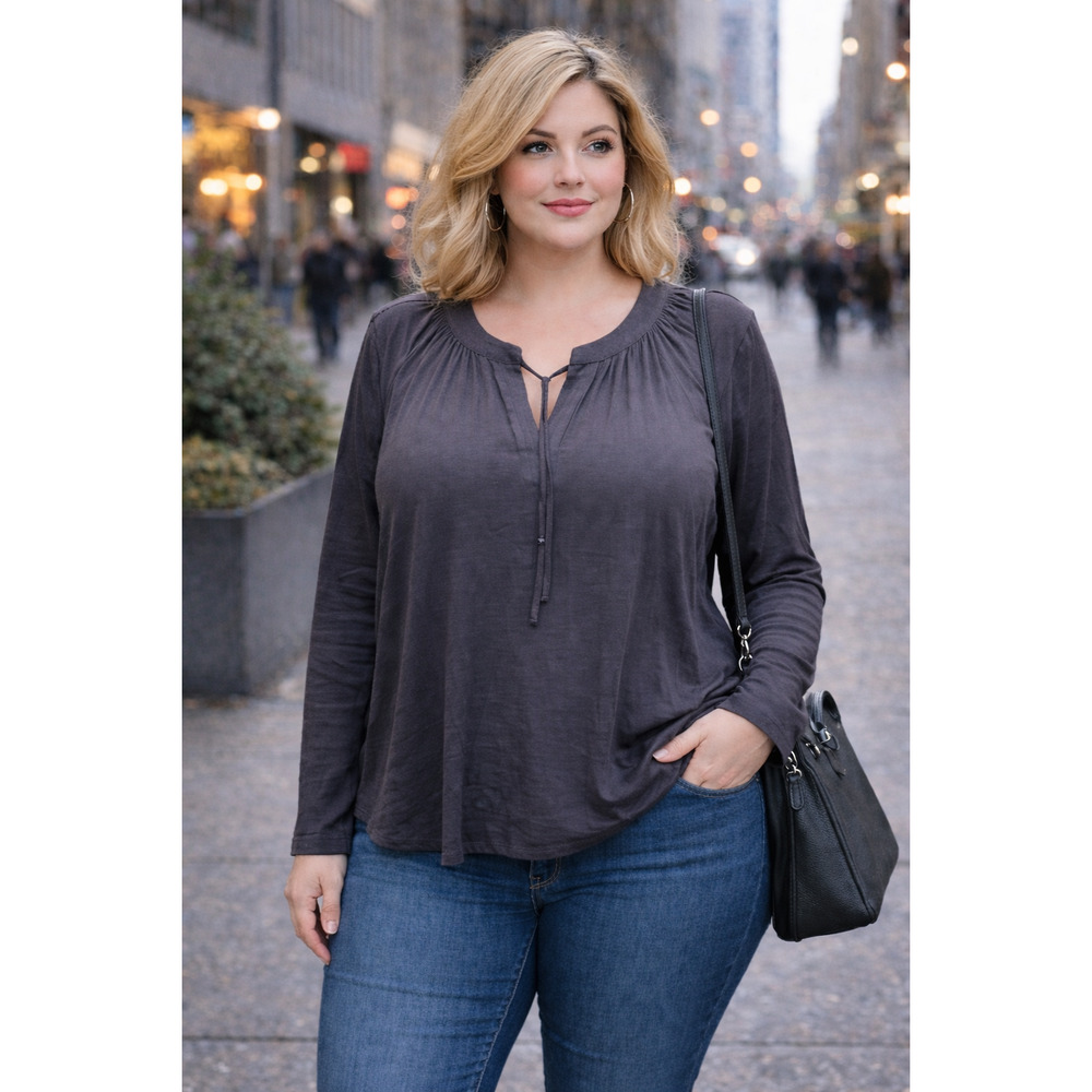 Nine West Womens Plus Black Tunic Blouse Pleated Top V Neck with Tie Size 2X